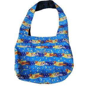VTG Bella Borsa Italy Whimzy Cat/Dog Print Blue Cotton& Leather Purse/Handbag
